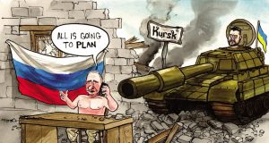 Chiar și-n război drumul ocolit te poate scoate mai repede la liman! Sursa: Facebook/Muzej karikature