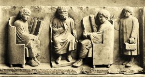 Iarăși educația… Scena școlară,basorelief (secolul II - III-lea d.Hr.), Muzeul Trier Germania, sculptură în piatră