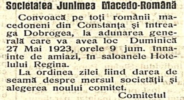 Convocator Adunarea Generală a „Junimii Macedo-Române”/27 mai 1923/ ziarul „Dobrogea Jună”, Anul XVII, nr. 116, 25 mai 1923, p. 2 Convocator Adunarea Generală a „Junimii Macedo-Române”/27 mai 1923/ ziarul „Dobrogea Jună”, Anul XVII, nr. 116, 25 mai 1923, p. 2